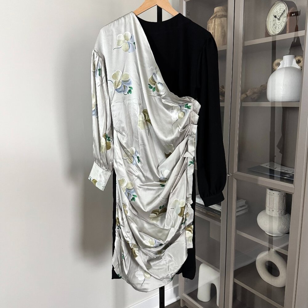 Loewe Draping Floral Silk Midi Dress NEW Combination Black Crepe Long Sleeve 42